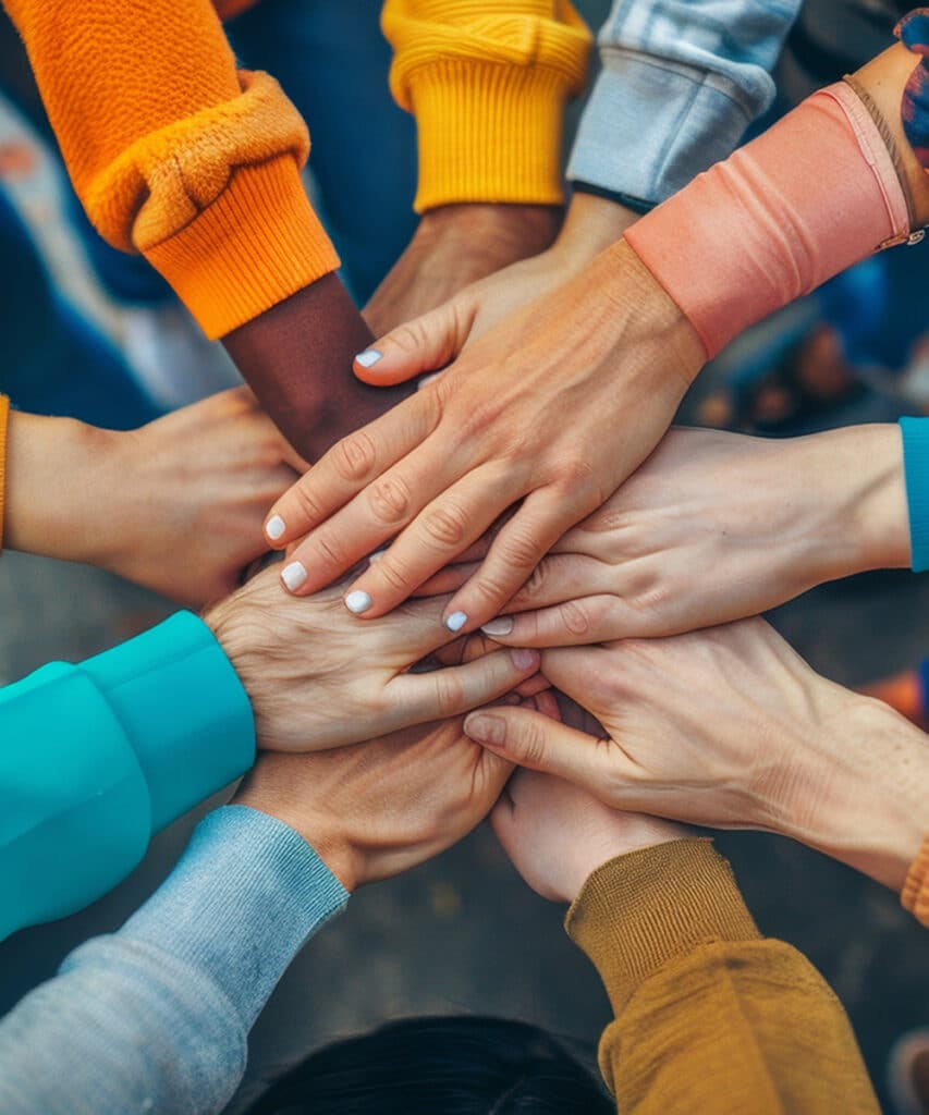 Image of many people in a circle with hands together in the middle of the circle to portray community effort